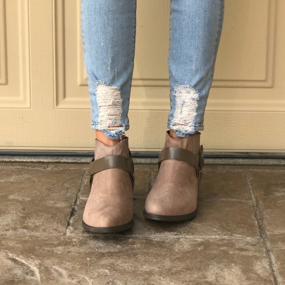 Taupe Distressed Leather Harness Ankle Boots - Picture 2 of 7
